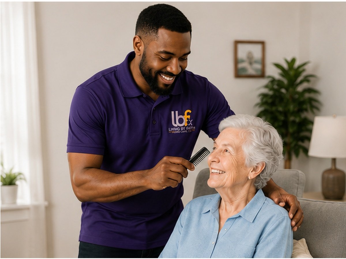 African American male caregiver assisting an older adult